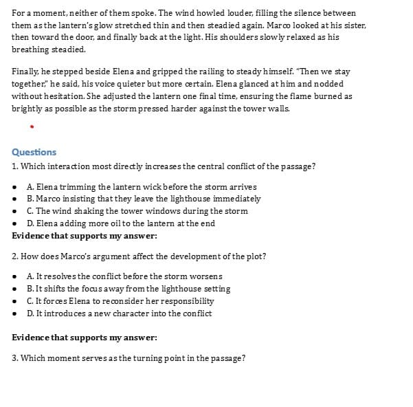 Reading mini task with passage and evidence-based questions